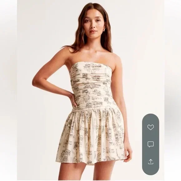 Abercrombie & Fitch Strapless Cream Mini Dress with Black Print - Picture 1 of 7
